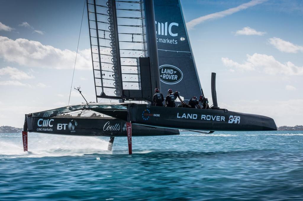 Land Rover BAR Training aboard their training boat T3 in Berrmuda. The T3 has been used to develop the design and systems on the AC50. © Lloyd Images http://lloydimagesgallery.photoshelter.com/